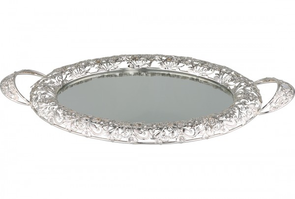 Bavary | Luxus | Servierplatte | Mit Spiegelglas | Silber | Oval | Aus Glas & Mikanit | By-mo-s