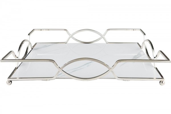 Bavary | Servierplatte | Serviertablett | Marmor Design | 37x27 cm | Silber | Weiß | By-me-ls