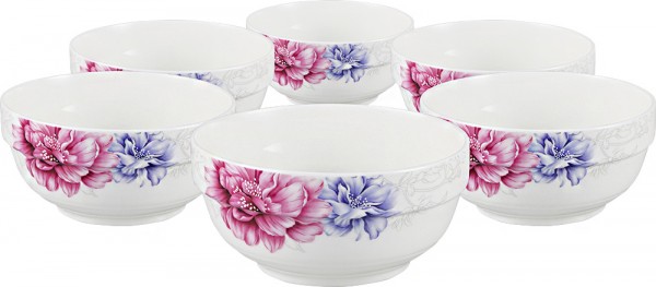 Bavary 6 Teilig Fine Porzellan Suppenschüssel Blumenmuster | Weiß | 6 Personen