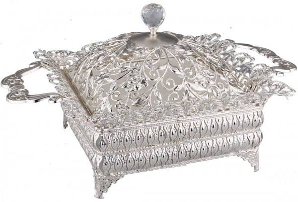 Bavary | Luxus | Servierschale | inkl. Deckel | Weiß & Silber | Aus Porzellan & Metall | Karo | By-wh-1663