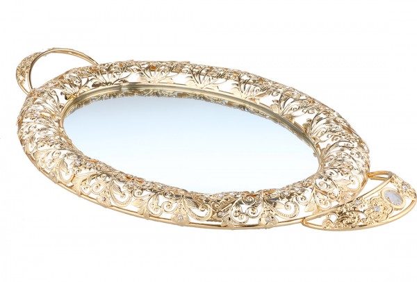 Bavary | Luxus | Servierplatte | Mit Spiegelglas | Gold | Oval | Aus Glas & Mikanit | By-mo-g